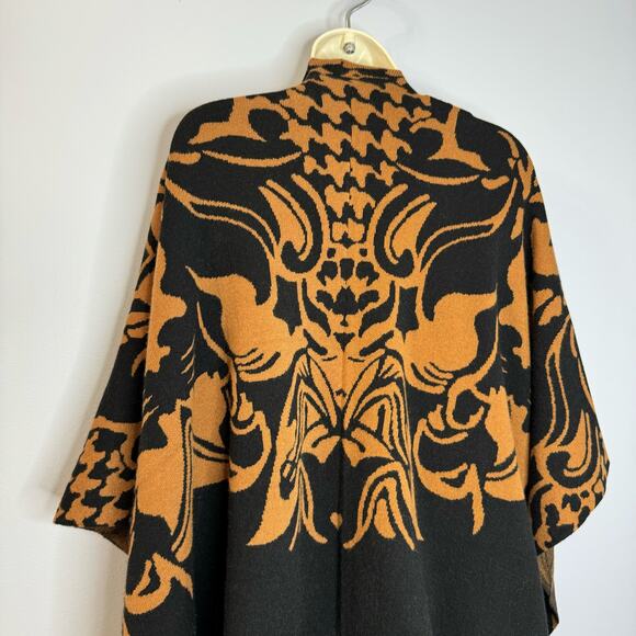 Ming Wang Knit Poncho Cape Wrap Rust Brown Black Printed Hope Wrap O/S New - Picture 9 of 15